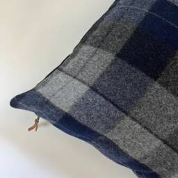 "Blue Black & Gray Plaid Wool Pillow Cover Exposed Zipper-Leather Pull 24"" 20"" 22"" 14x24"
