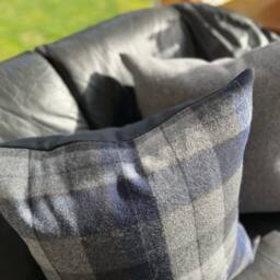"Blue Black & Gray Plaid Wool Pillow Cover Exposed Zipper-Leather Pull 24"" 20"" 22"" 14x24" - thumbnail 4