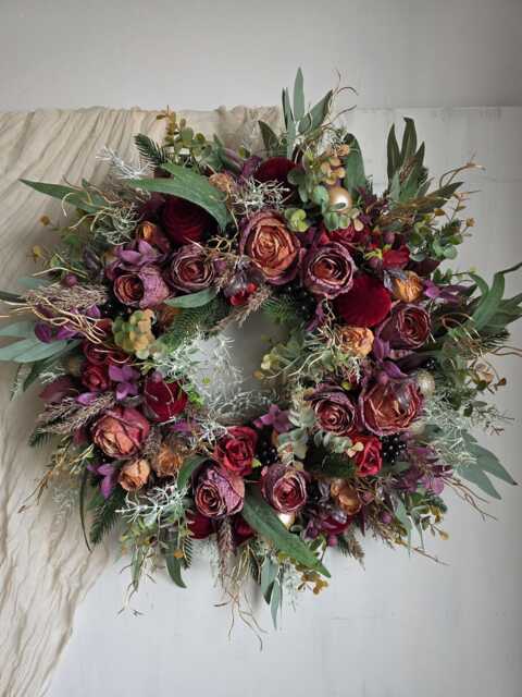 Christmas Burgundy Gold Bauble Wreath For Front Door, Red Velvet Baubles, Eucalyptus Wreath, Frosted Winter Door Wreath, Xxl - image 1