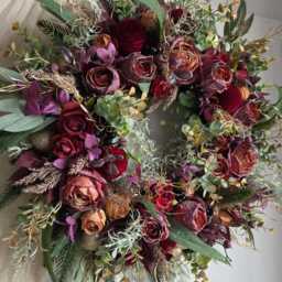 Christmas Burgundy Gold Bauble Wreath For Front Door, Red Velvet Baubles, Eucalyptus Wreath, Frosted Winter Door Wreath, Xxl - thumbnail 3