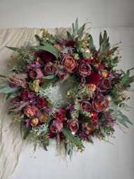Christmas Burgundy Gold Bauble Wreath For Front Door, Red Velvet Baubles, Eucalyptus Wreath, Frosted Winter Door Wreath, Xxl