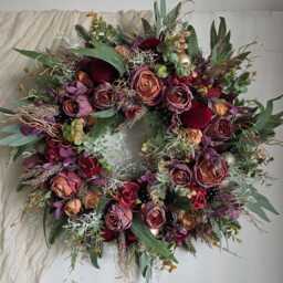 Christmas Burgundy Gold Bauble Wreath For Front Door, Red Velvet Baubles, Eucalyptus Wreath, Frosted Winter Door Wreath, Xxl - thumbnail 2