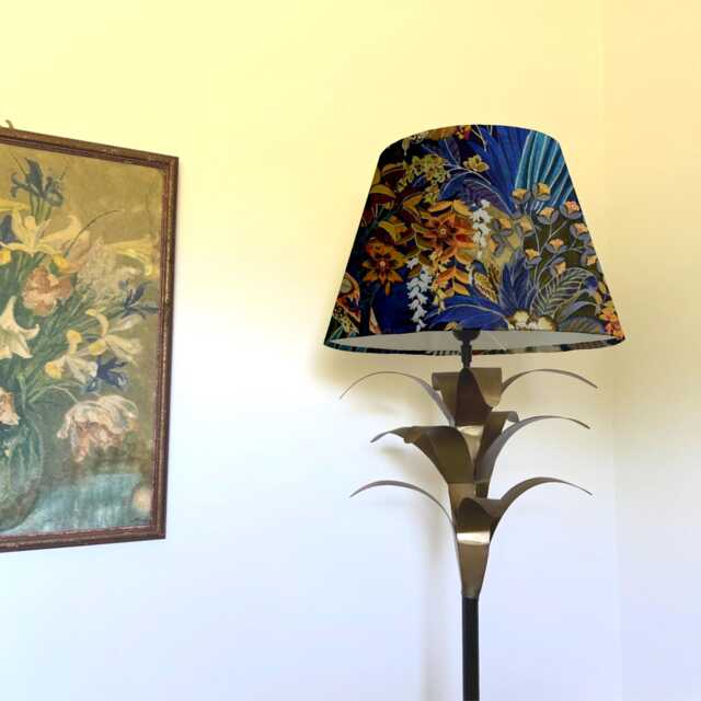 Floral Midnight Velvet Coolie Lampshade, Empire Blue Leaves, Tropical Empire, Ceiling Light Shade - image 1