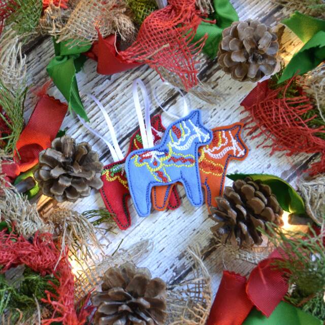 Dala Horse Felt Ornament, Embroidered, Scandinavian Gift, Orange Or Blue, Christmas Folk Art, Single 3 Pack - image 1