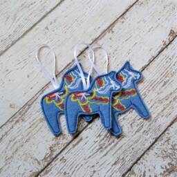Dala Horse Felt Ornament, Embroidered, Scandinavian Gift, Orange Or Blue, Christmas Folk Art, Single 3 Pack - thumbnail 3