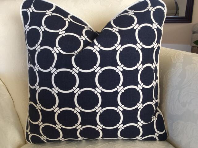 18x18 Blue Pillow Cover, Zippered Pillow, Piped Navy Pillow, Geometric Design, Greek Print - image 1