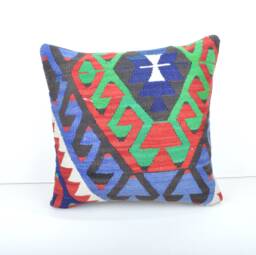 Handmade Wool Kilim Pillow Cover Boho Home Decor - 16x16 Inches - thumbnail 1