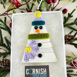 Beautiful Fused Glass Blue Snowman Christmas Decoration - Tree Decoration, Fused Cornwall, Cornish - thumbnail 1