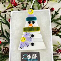 Beautiful Fused Glass Blue Snowman Christmas Decoration - Tree Decoration, Fused Cornwall, Cornish - thumbnail 2