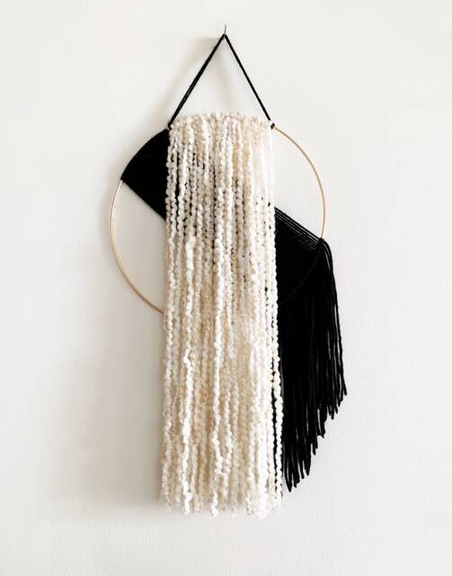 Black & Beige Yarn Hoop Wall Hanging, Macrame Decor - image 1