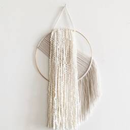 Black & Beige Yarn Hoop Wall Hanging, Macrame Decor - thumbnail 3