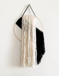 Black & Beige Yarn Hoop Wall Hanging, Macrame Decor - thumbnail 1