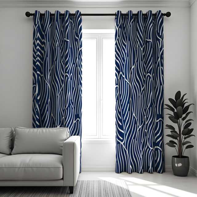 Navy Blue Abstract Leaf Curtains, Modern Minimalist Drapes, Geometric Pattern Window Treatments, Living Room & Bedroom Treatments - image 1