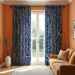 Navy Blue Abstract Leaf Curtains, Modern Minimalist Drapes, Geometric Pattern Window Treatments, Living Room & Bedroom Treatments - thumbnail 3