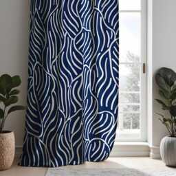 Navy Blue Abstract Leaf Curtains, Modern Minimalist Drapes, Geometric Pattern Window Treatments, Living Room & Bedroom Treatments - thumbnail 2