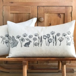 Hare Meadow Handprinted Bolster Cushion - A Large Rectangular Cushion With Modern Country Seed-Head & Flower Motif - thumbnail 2