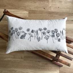 Hare Meadow Handprinted Bolster Cushion - A Large Rectangular Cushion With Modern Country Seed-Head & Flower Motif - thumbnail 3
