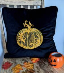 Embroidered Gold Pumpkin Cushion Cover Black Halloween Pillow - 40x40 cm - thumbnail 1