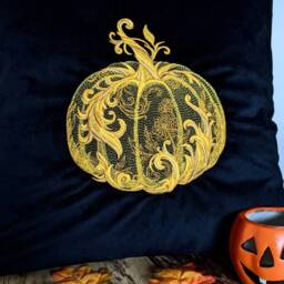 Embroidered Gold Pumpkin Cushion Cover Black Halloween Pillow - 40x40 cm - thumbnail 3