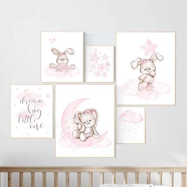 Watercolor Bunny Nursery Print Set Pink Flower Decor - image 1
