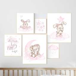 Watercolor Bunny Nursery Print Set Pink Flower Decor - thumbnail 1