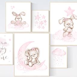 Watercolor Bunny Nursery Print Set Pink Flower Decor - thumbnail 2