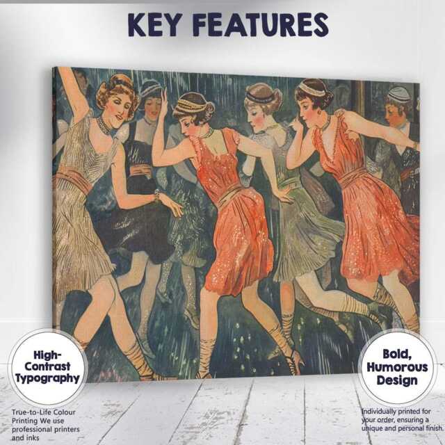 Vintage Art Deco Flapper Women Dancing Illustration Canvas Wall Print Decor Picture Ready To Hang - image 1