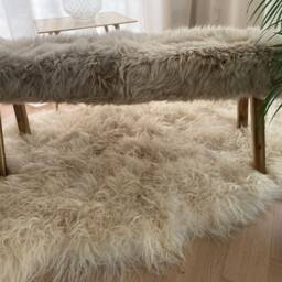 Beige Sheepskin Covered Bench, Genuine Sheepskin, Beige Wooden Bench, Dining Bench , Interior Decor Furry Gift - thumbnail 2