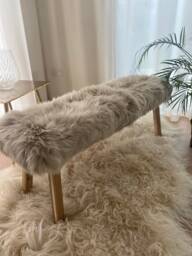 Beige Sheepskin Covered Bench, Genuine Sheepskin, Beige Wooden Bench, Dining Bench , Interior Decor Furry Gift - thumbnail 1