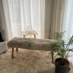 Beige Sheepskin Covered Bench, Genuine Sheepskin, Beige Wooden Bench, Dining Bench , Interior Decor Furry Gift - thumbnail 3