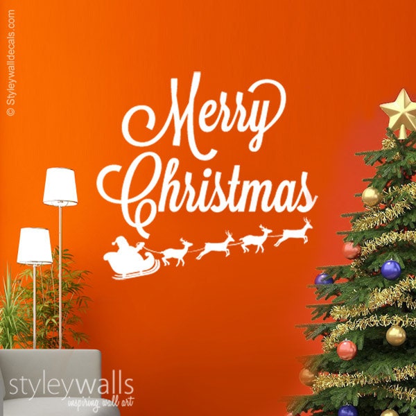 Merry Christmas Wall Decal, Santa & Rain Deer Reindeer On Sleigh Decorations Sticker - image 1