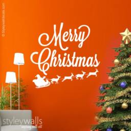Merry Christmas Wall Decal, Santa & Rain Deer Reindeer On Sleigh Decorations Sticker - thumbnail 1