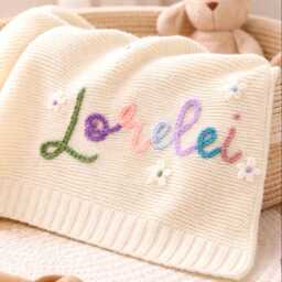Custom Name Embroidered Cotton Baby Blanket, Personalized Newborn Keepsake Shower Gift - thumbnail 4