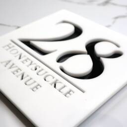 K Smart Sign - Bellissima S1 Laser Cut Matt White & Black Mirror Floating House Signs Door Number Plaques 180mm X 180mm - thumbnail 1