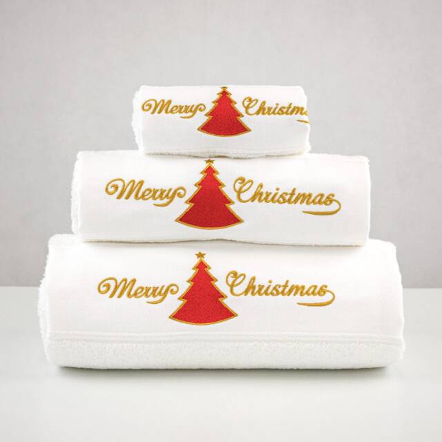 Merry Xmas Set Of 3 Embroidered White Bath Towels - Ref. Red Christmas Tree - image 1