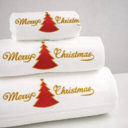 Merry Xmas Set Of 3 Embroidered White Bath Towels - Ref. Red Christmas Tree - thumbnail 2