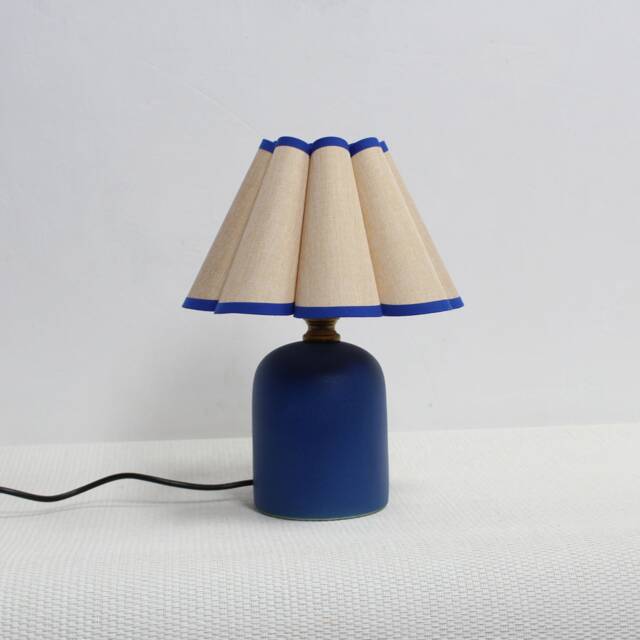 Handmade Scallop Fabric Table Lamp - Khaki & Navy Blue Ceramic Base - image 1