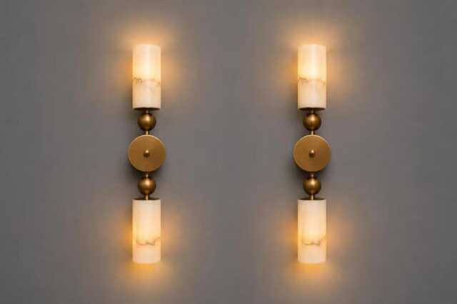Handmade Alabaster Brass Wall Lamp Pair, Contemporary Double Sconce Lighting - image 1