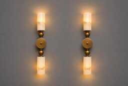 Handmade Alabaster Brass Wall Lamp Pair, Contemporary Double Sconce Lighting - thumbnail 1
