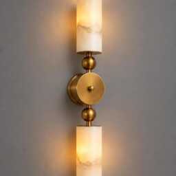 Handmade Alabaster Brass Wall Lamp Pair, Contemporary Double Sconce Lighting - thumbnail 2