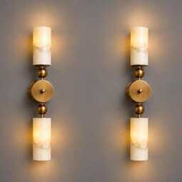 Handmade Alabaster Brass Wall Lamp Pair, Contemporary Double Sconce Lighting - thumbnail 3
