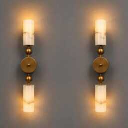 Handmade Alabaster Brass Wall Lamp Pair, Contemporary Double Sconce Lighting - thumbnail 4