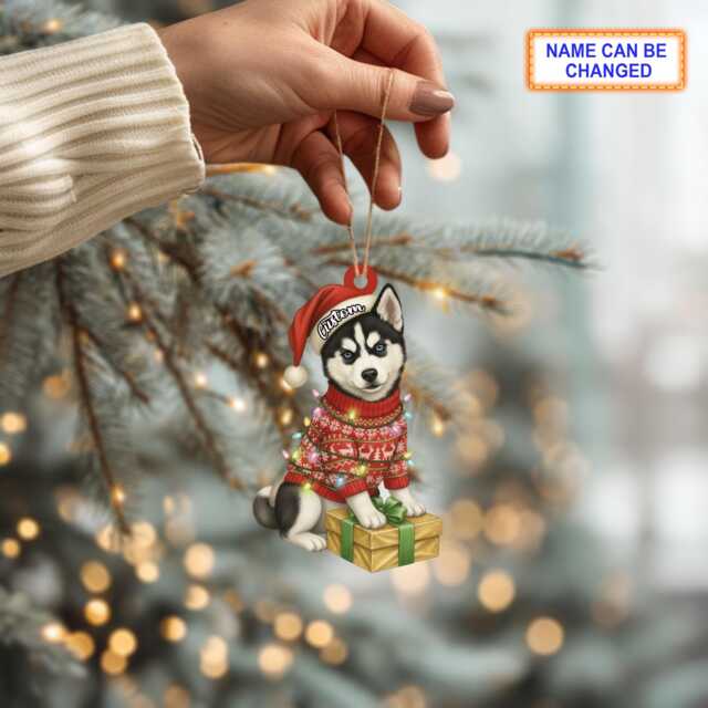 Custom Name Cute Sitting Siberian Husky Dog With Santa Hat Christmas Lights Ornament, Festive Tree Hanging Decor, Flat 2D Ornament - image 1