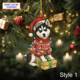 Custom Name Cute Sitting Siberian Husky Dog With Santa Hat Christmas Lights Ornament, Festive Tree Hanging Decor, Flat 2D Ornament - thumbnail 2