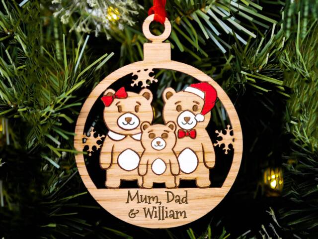 Personalised Bear Family Christmas Ornament Engraved Oak Wood Xmas Decor - image 1