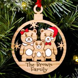Personalised Bear Family Christmas Ornament Engraved Oak Wood Xmas Decor - thumbnail 3