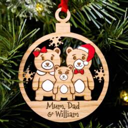 Personalised Bear Family Christmas Ornament Engraved Oak Wood Xmas Decor - thumbnail 2