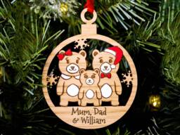 Personalised Bear Family Christmas Ornament Engraved Oak Wood Xmas Decor - thumbnail 1