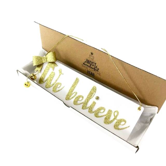 White & Gold We Believe Sign Christmas Decoration, Believe in Santa Sign, Wall With Jingle Bells, Sparkly - image 1