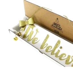 White & Gold We Believe Sign Christmas Decoration, Believe in Santa Sign, Wall With Jingle Bells, Sparkly - thumbnail 2